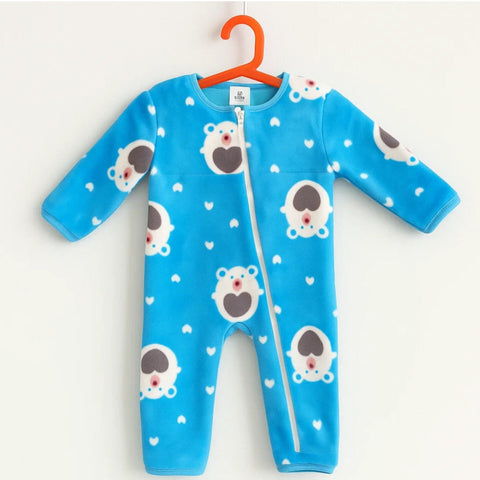 Fleece - Zipper Romper - Blue - Bear & Hearts