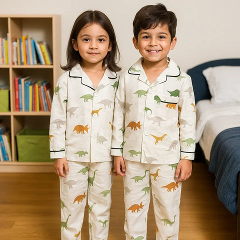 Collar Night Suit - Cotton - Cream - Roaring Dinos