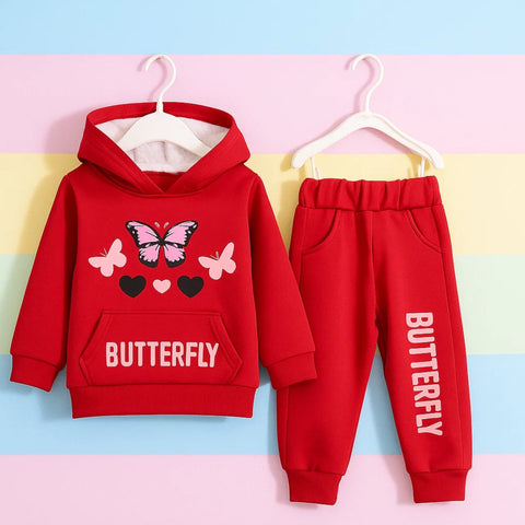 Mini - 2 Pieces - Hooded Set - Red - Butterfly