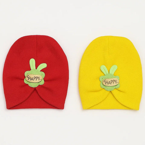 Pack of 2 - Woolen Caps - Red & Yellow - Happy - 25
