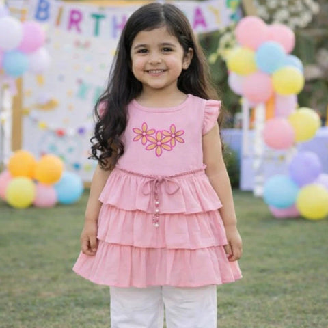 P&P - Short Sleeve - Embroidered Frock - Pink - Three Flowers