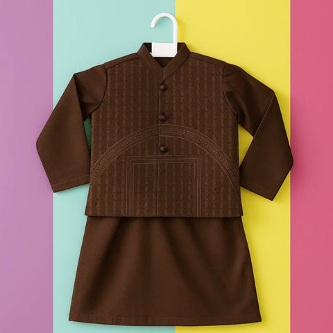 TBS - 3 Pieces - Waist Coat Kurta Shalwar - Wash N Wear - Brown