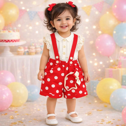 O Baby - 3 Pieces - Dungaree Set - Polka - Red