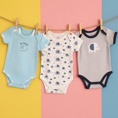 BRL - Pack of 3 - Short Sleeve Bodysuits - Blue - Elephant