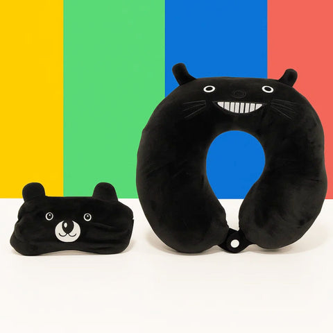 2 In 1 - Plush - Neck Pillow With Eye Mask - Black - Cat