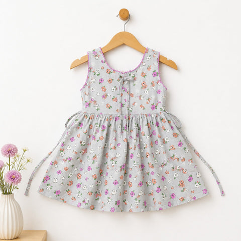 P&P - Sleeveless - Cotton Frock - Grey - Small Flowers