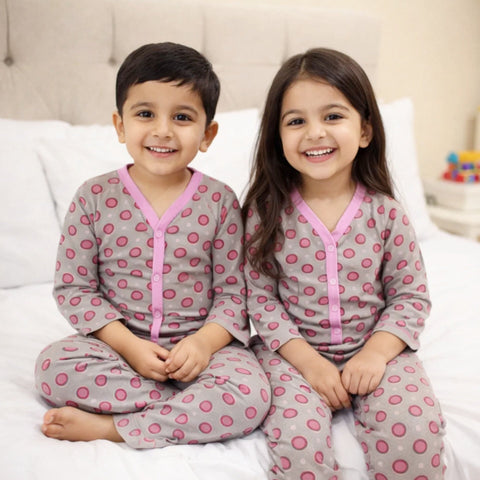 TBS - Cotton Jersey - Night Suit - Pink & Grey - Circles - 26