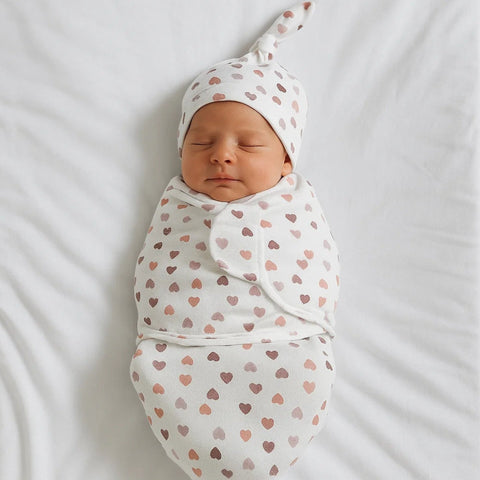 Swaddle With Cap - Pink & Maroon - Mini Hearts