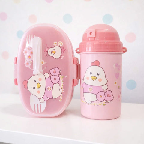 2 Pieces - Oval Lunch Box & Water Bottle - Gift Set - Duck - Pink