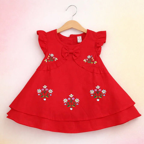 P&P - Short Sleeve - Embroidered Frock - Red - Chain Floral