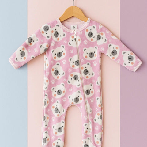 Fleece - Zipper Romper - Pink - Bear