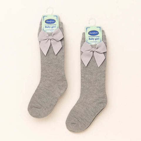 Chieea - Pair of 2 - Long Socks - Bow - Grey & Grey