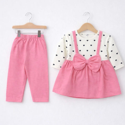 DK - 2 Pieces - Frock Set - Pink - Hearts & Bow