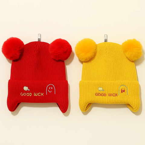 Pack of 2 - Woolen Caps - Red & Yellow - Pom Pom Smile - 25