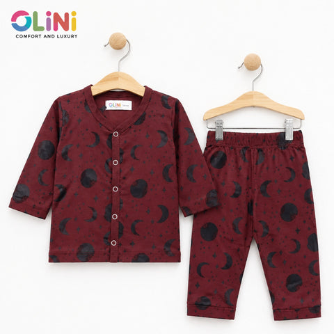 OLINI - Cotton Jersey - Night Suit - Maroon - Moon - NUJ