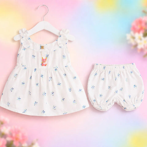P&P - 2 Pieces - Frock Set - White - Blue Twin Flowers