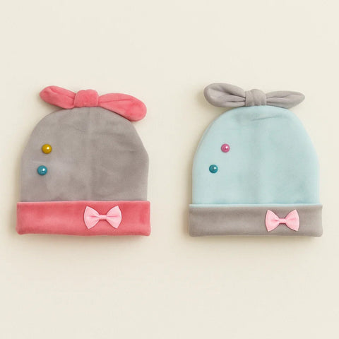 Pack of 2 - Velvet Caps - Blue & Grey - Two Beads Bow - 25