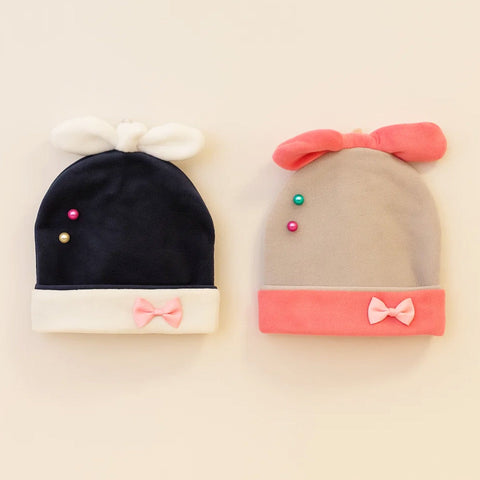 Pack of 2 - Velvet Caps - Black & Grey - Two Beads Bow - 25