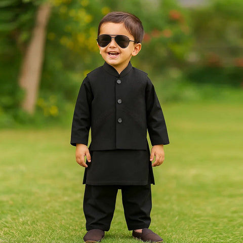 TBS - 3 Pieces - Waist Coat Kurta Shalwar - Wash N Wear - Black