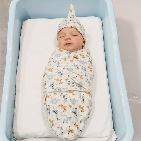 Swaddle with Cap - White - Animals