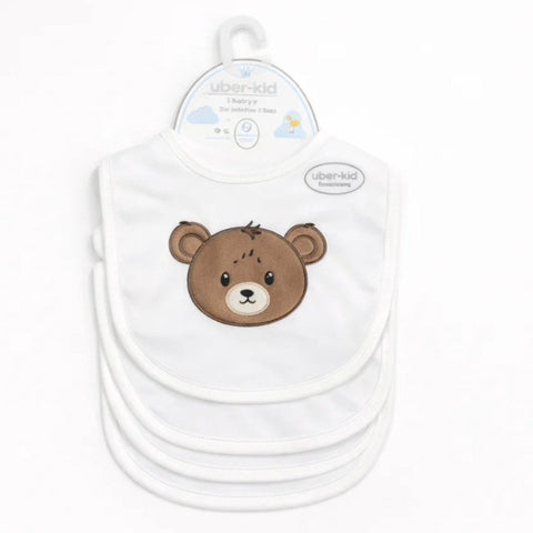 Wonderchild - Pack of 3 - White Bibs - Brown Bear