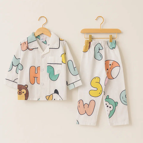 Collar Night Suit - Cotton - White - Alphabets