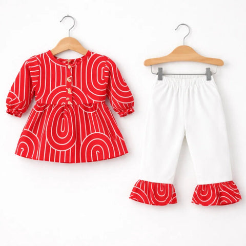 AG - 2 Pieces - Frock Set - Red - Pattern