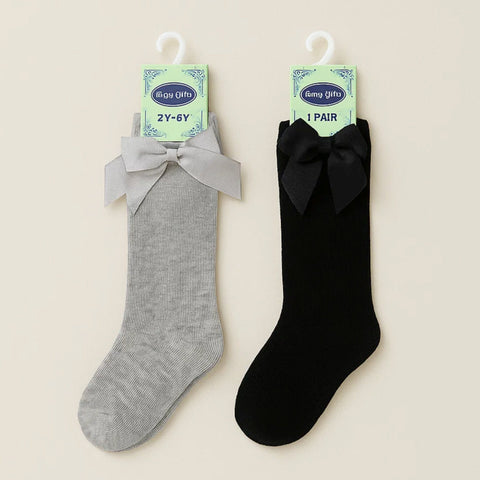 Chieea - Pair of 2 - Long Socks - Bow - Black & Grey