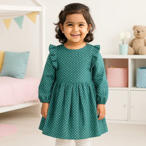 Corduroy Frock - Long Sleeves - Green - Dots - 25