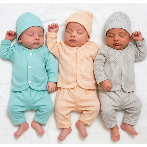 3 Pack - Newborn Night Suits - Peach Green Grey - Dotted - 25