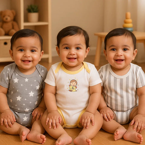 TBS - Pack of 3 - Short Sleeve Bodysuits - Grey - Stripes & Stars
