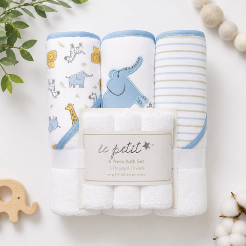 6 Pieces - Le Petit - Bath Towel Gift Set - Blue - Elephant