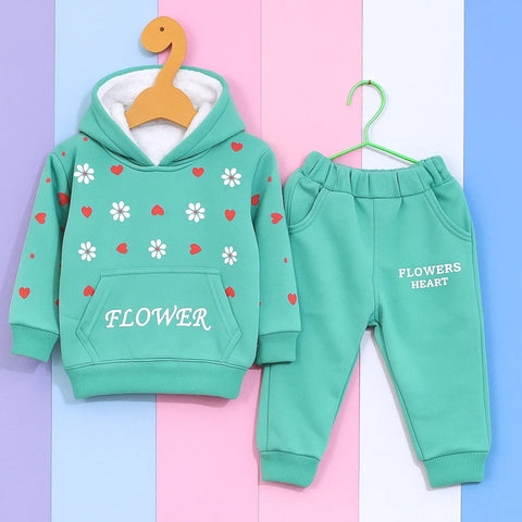 Mini - 2 Pieces - Hooded Set - Green - Flowers & Hearts