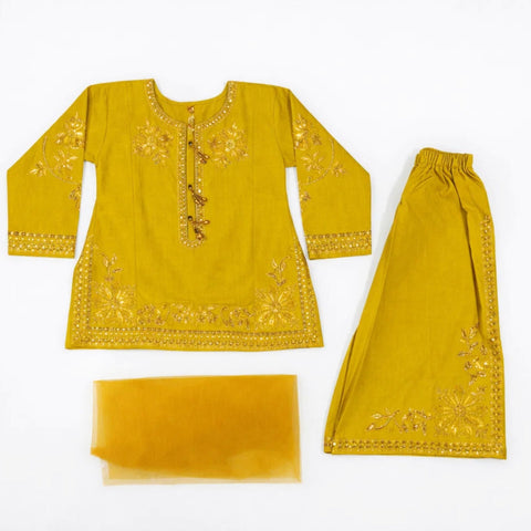 Beaut - 3 Pieces - Sharara Set - Yellow - Embroidered