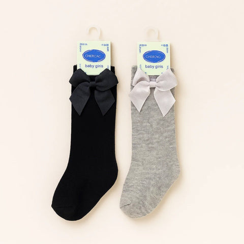 Chieea - Pair of 2 - Long Socks - Bow - Black & Grey