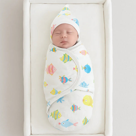 Swaddle with Cap - Blue & Yellow - Fish