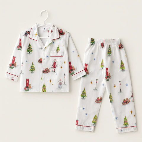 Collar Night Suit - Cotton - White - Christmas Eve
