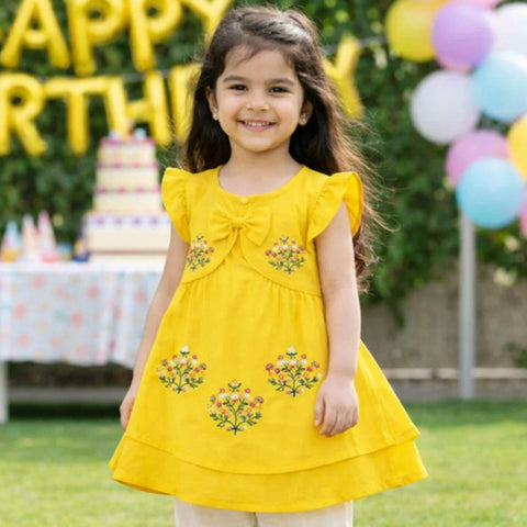 P&P - Short Sleeve - Embroidered Frock - Yellow - Chain Floral