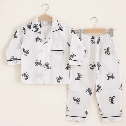Collar Night Suit - Cotton - White - Tractor