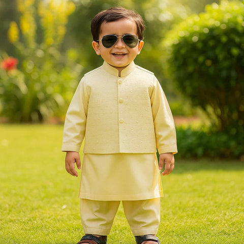 TBS - 3 Pieces - Waist Coat Kurta Shalwar - Wash N Wear - Cream