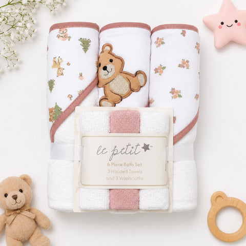 6 Pieces - Le Petit - Bath Towel Gift Set - Tea Pink - Bear