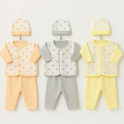 Fleece - 3 Pack - Newborn Night Suits - Peach Grey Yellow - Flowers
