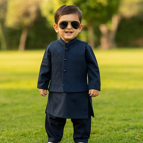 TBS - 3 Pieces - Waist Coat Kurta Shalwar - Wash N Wear - Navy