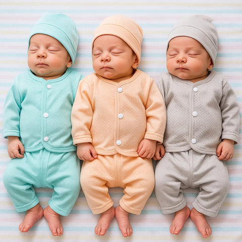 3 Pack - Newborn Night Suits - Peach Green Grey - Dotted - 25