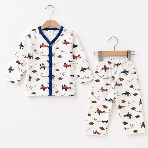 TBS - Cotton Jersey - Night Suit - White - Aeroplane & Clouds - 26