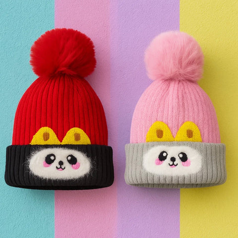 Pack of 2 - Woolen Caps - Pink & Red - Cat - 25