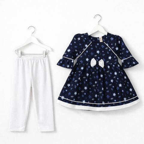 P&P - 2 Pieces - Frock Set - Navy - White Bow & Flowers