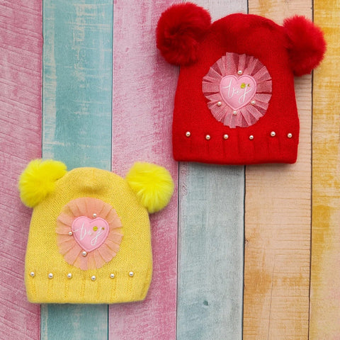 Pack of 2 - Woolen Caps - Red & Yellow - Floral Net - 25