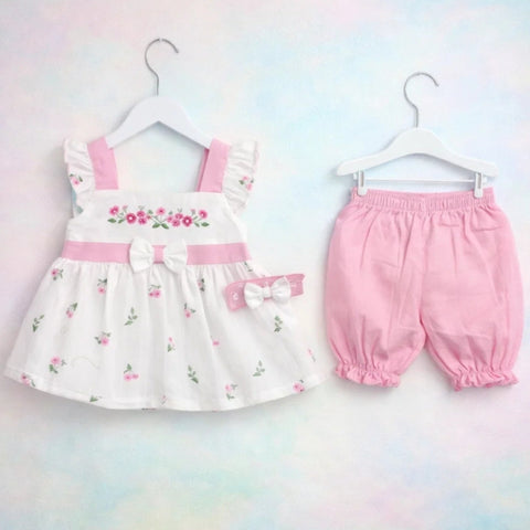 P&P - 3 Pieces - Frock Set - Pink - Bow & Leaves