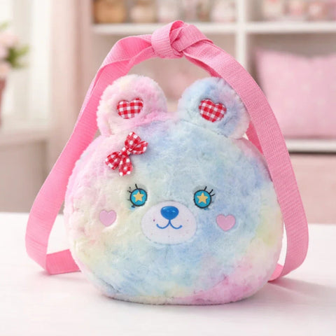 Girl's - Fashion Fluffy Pouch - Rainbow Pink - Heart Bear - 07022